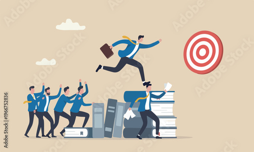 Career competition people to get to goal, take advantage of coworker to success, selfish businessman jump over other people to achieve target