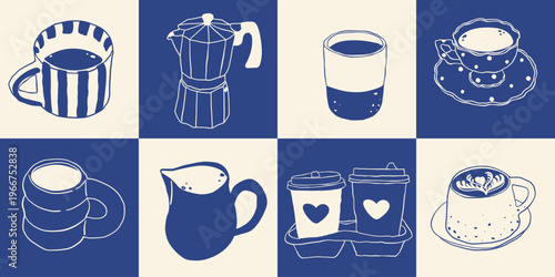 Set of cute Coffee Cups with Latte Art. Collection of coffee drinks with variety latte art heart, leaf, bear, cat, Flower. Line art Coffee House Graphics. Vector Illustration, Icons. Isolated
