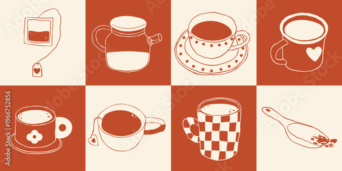 Hand Drawn Tea Time Doodle Set Cute Tea, Cups, Herbs, Relax tea vector illustration set with teapots, tea bags, lemon and sugar. Cozy line art style, perfect for branding, packaging, menus, posters