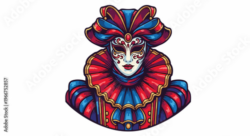 Elaborate harlequin mask with ornate red and blue costume