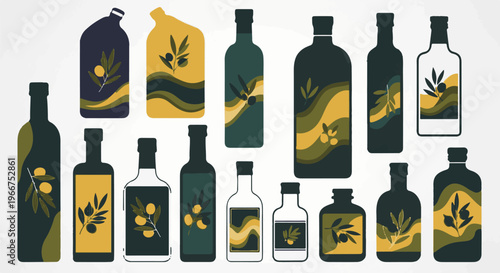 Diverse olive oil bottles featuring minimalist branch designs and wavy patterns