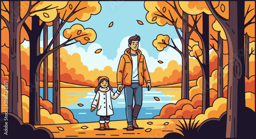 Father and daughter walking hand-in-hand on a path with autumn trees