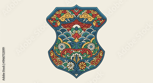 Ornate shield emblem with swirling floral and wave patterns