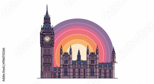 Pixel art depiction of Big Ben and Houses of Parliament with a pastel rainbow