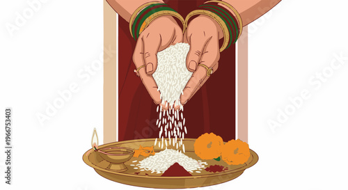 Hands pour rice onto a decorated plate with a lamp and flowers
