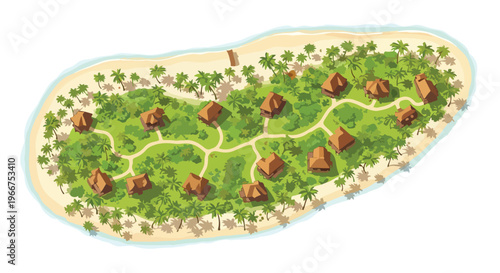 Tropical island resort vector illustration. Aerial view of luxury beach bungalows and palm trees on a secluded paradise island. Exotic vacation destination map.