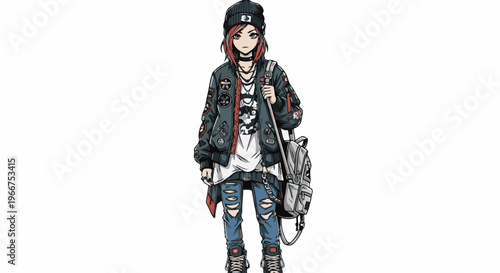 Edgy anime character with ripped jeans, bomber jacket, and backpack