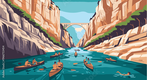 People kayaking and swimming in a scenic river canyon with a bridge