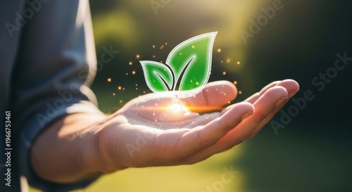 Holographic green leaves rise from a Caucasian hand palm in a sunny outdoor setting symbolizing eco-friendly travel and technology advancements.
