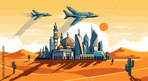 Desert oasis with futuristic buildings, mosque, and jets