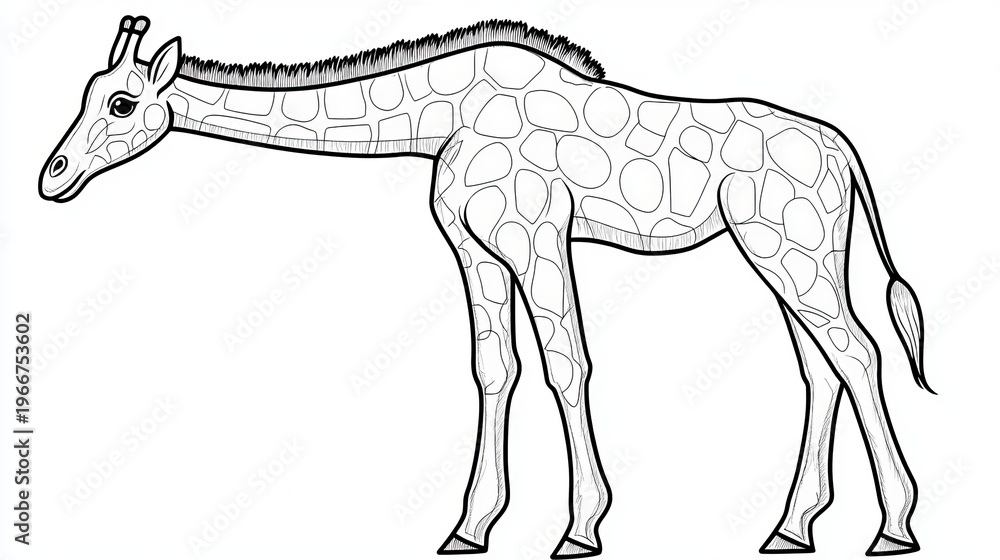 Fototapeta premium Cartoonish Giraffe Outline Depiction, Black Line Art Sketch of a Tall Giraffe for Kids Books