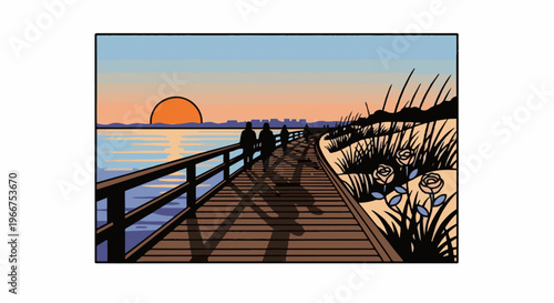 People walk on a boardwalk by the ocean at sunset with grass and roses