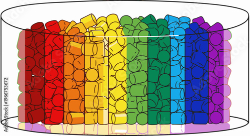 Cylindrical container filled with rainbow-colored, soft, cylindrical candies