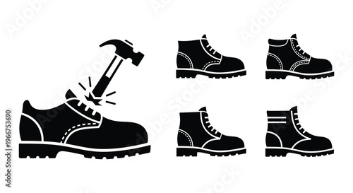 Black boots with a hammer breaking one and additional boot variations