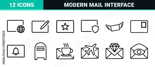 Minimalist Monoline Mail Correspondence Outline Set Featuring Geometric Envelope Symbols for Digital Communication and Logistic Interface Design.