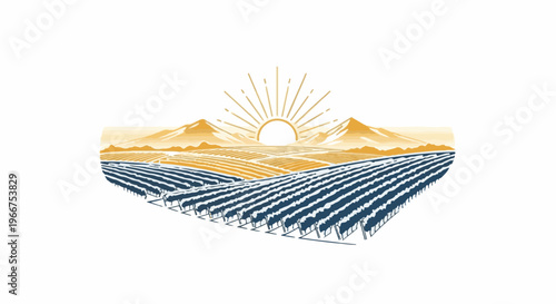 Sunrise over rolling fields of crops, with mountains in the distance