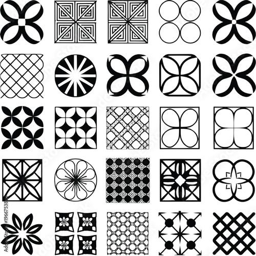 Intricate geometric patterns composed of repeating symmetrical motifs in black and white