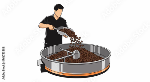 Person adding coffee beans to a roaster with a scoop