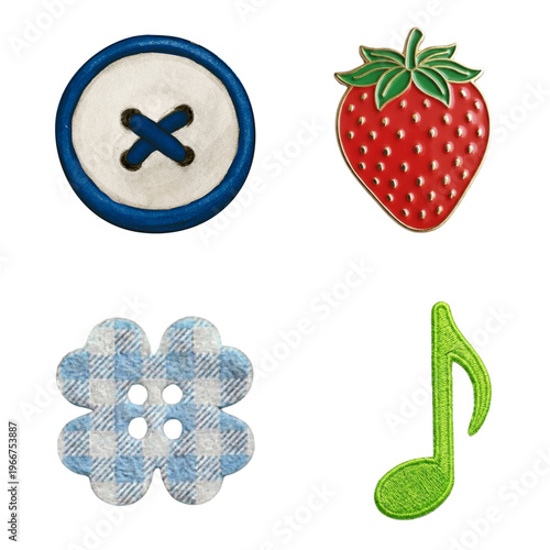 Delightful Collection of Decorative Icons Whimsical Button, Sweet Strawberry, Lucky Clover, and Cheerful Musical Note on White Background
