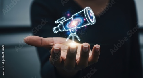 A creative woman's hand holds a holographic play icon under soft window light for digital content creation.