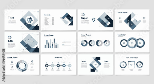 Collection of presentation slides with various charts and text layouts