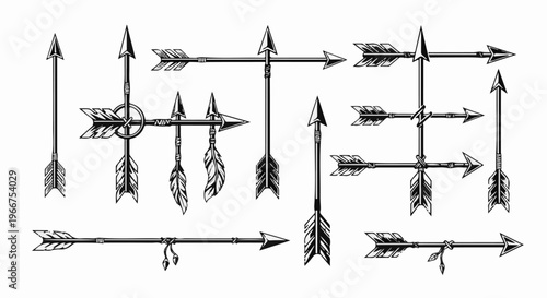 Collection of hand-drawn arrow designs with feather accents