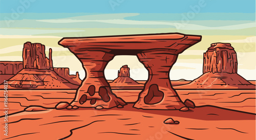 Vast desert landscape with distinctive rock formations under a hazy sky