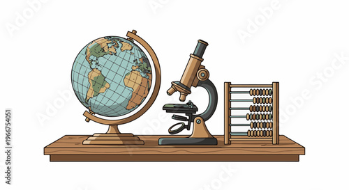Old desk with globe, microscope, and abacus