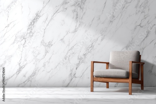 Minimalist armchair rests against a bright marble wall with natural light.
