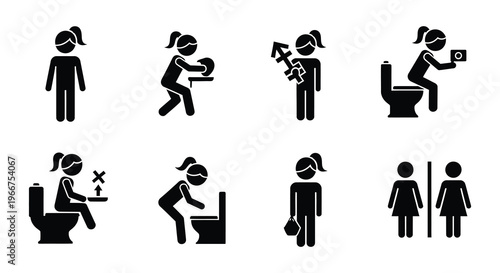 Black silhouettes depicting women using and interacting with restroom facilities