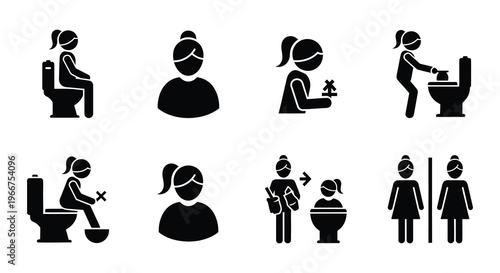 Black silhouettes depicting women using and interacting with restroom facilities