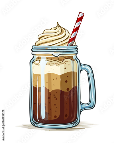 Delicious Mocha Frappe in Mason Jar with Whipped Cream and Red Straw for Sweet Dessert Drink - Vector Illustration