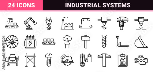 Industrial Engineering and Automated Manufacturing Monoline Icon Set featuring Minimalist Geometric Line Art for Technical Documentation.