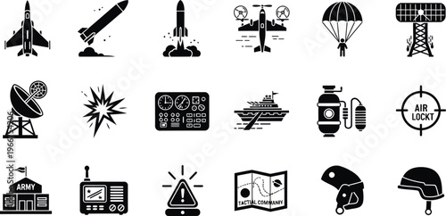 Collection of black silhouette icons representing space exploration aviation and military technology