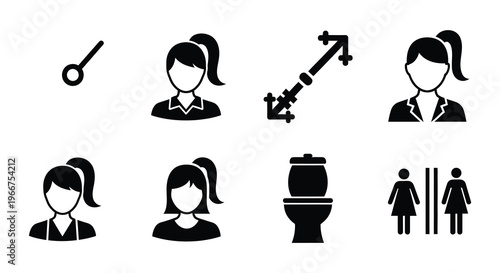 Black silhouettes depicting women using and interacting with restroom facilities