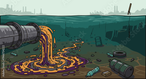 Industrial pipe discharges toxic waste into a polluted underwater environment
