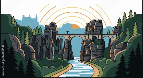 Stone bridge arches over river between dramatic cliffs under sun