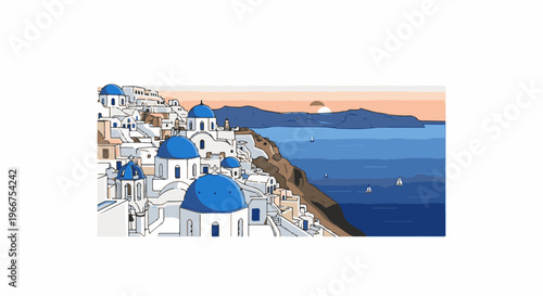 Pixelated depiction of white buildings with blue domes by the sea at sunset