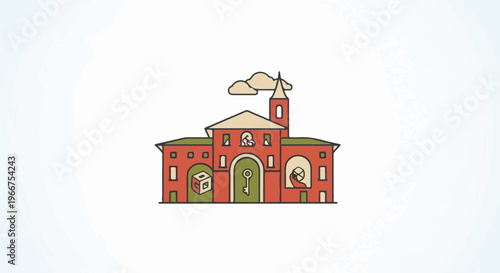 Stylized building with a key, a cube, and abstract figures