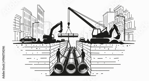 City construction scene with excavators, crane, and workers installing pipes