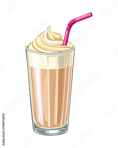 Milky Coffee Milkshake in Tall Glass with Pink Straw for Sweet Dessert and Cafe Refreshment Concept - Vector Illustration