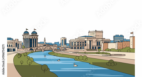 Stylized cityscape with classical architecture and a river with swans