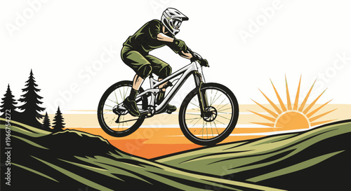 Mountain biker catching air over a hill at sunrise with trees