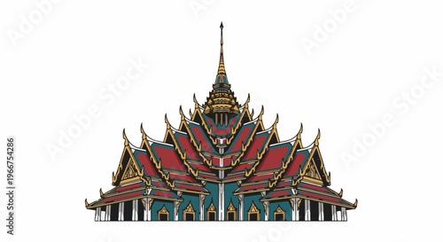 Intricate, multi-tiered roof structure of a traditional temple with ornate details
