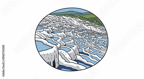 White mineral terraces with blue water pools and green hills