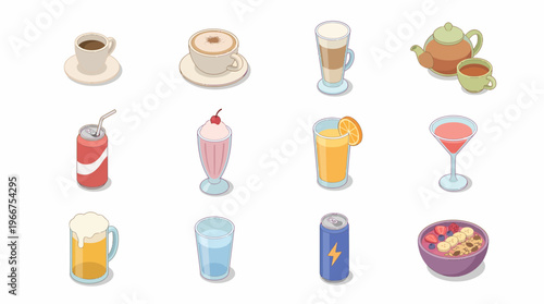 Isometric 3D icon set of various drinks and food on a table