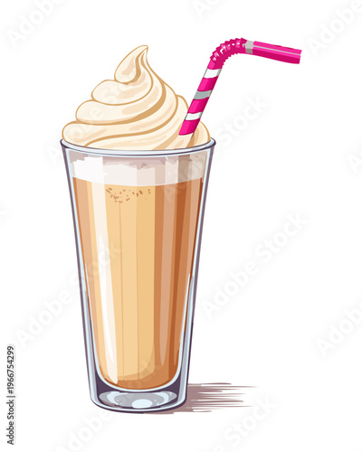 Creamy Latte in Tall Glass with Pink Straw for Afternoon Coffee Break and Sweet Beverage Treat - Vector Illustration