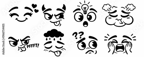 Separate cartoon eyes, brows and mouths form a playful emotion builder set. Black vector elements fit emoji, mascot, sticker, avatar and character animation projects.