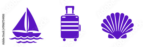 Purple travel icon set with sailboat, suitcase and shell in a clean flat style. Modern vacation symbols for tourism branding, cruise ads, summer graphics and resort apps.