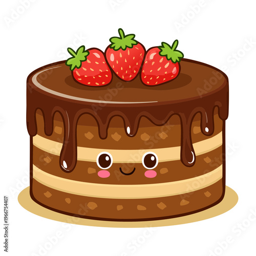 Smiling Kawaii Chocolate Fudge Cake with Strawberry Decoration for Chocolate Lovers and Birthday Celebration Dessert - Vector Illustration